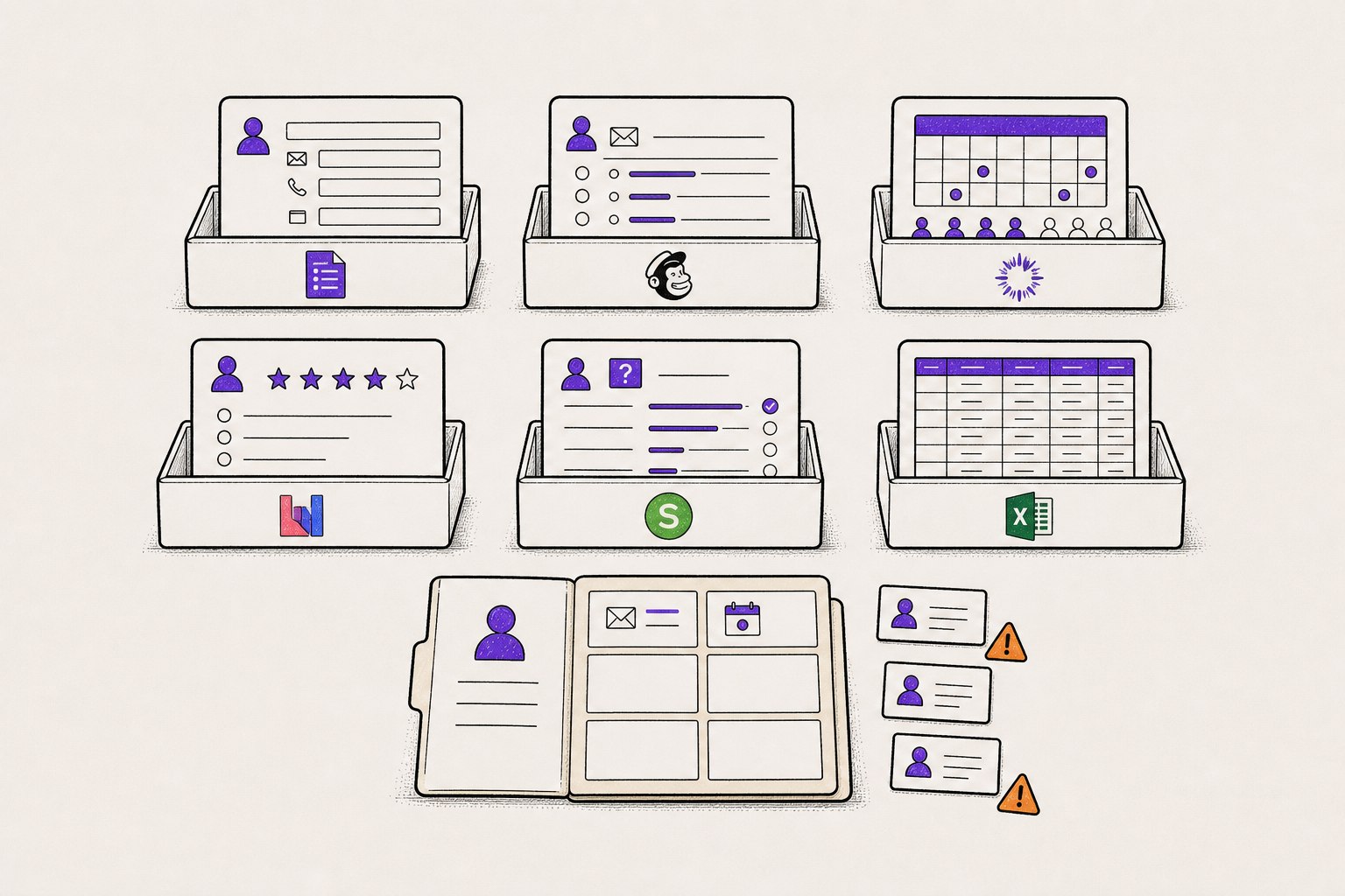 Seis herramientas separadas conservan copias independientes del perfil de una persona mientras el equipo reúne registros duplicados.